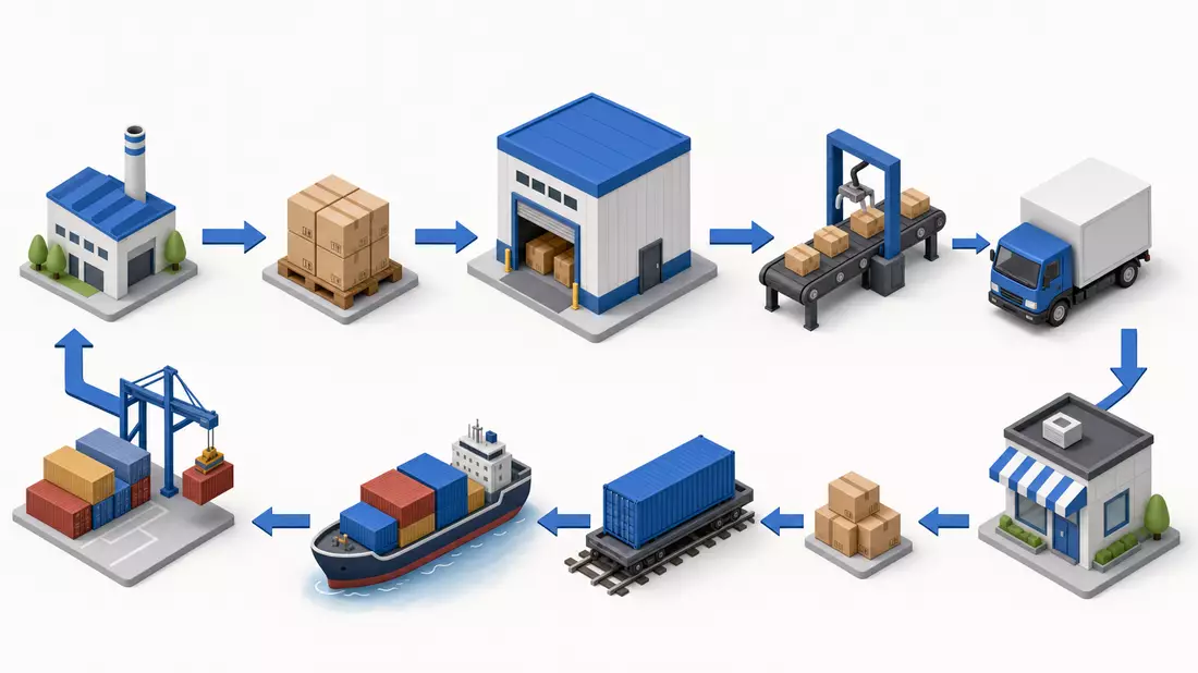 Isometrisches 3D-Diagramm einer Logistik-Lieferkette