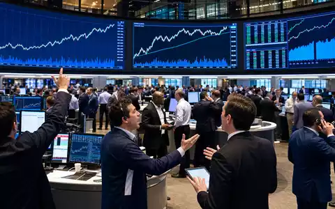 Börsen-Editorial zeigt Handelssaal mit Kursdiagrammen für Tritax Big Box REIT plc, ISIN GB0008847096, dynamisch beleuchtet - Foto: THN