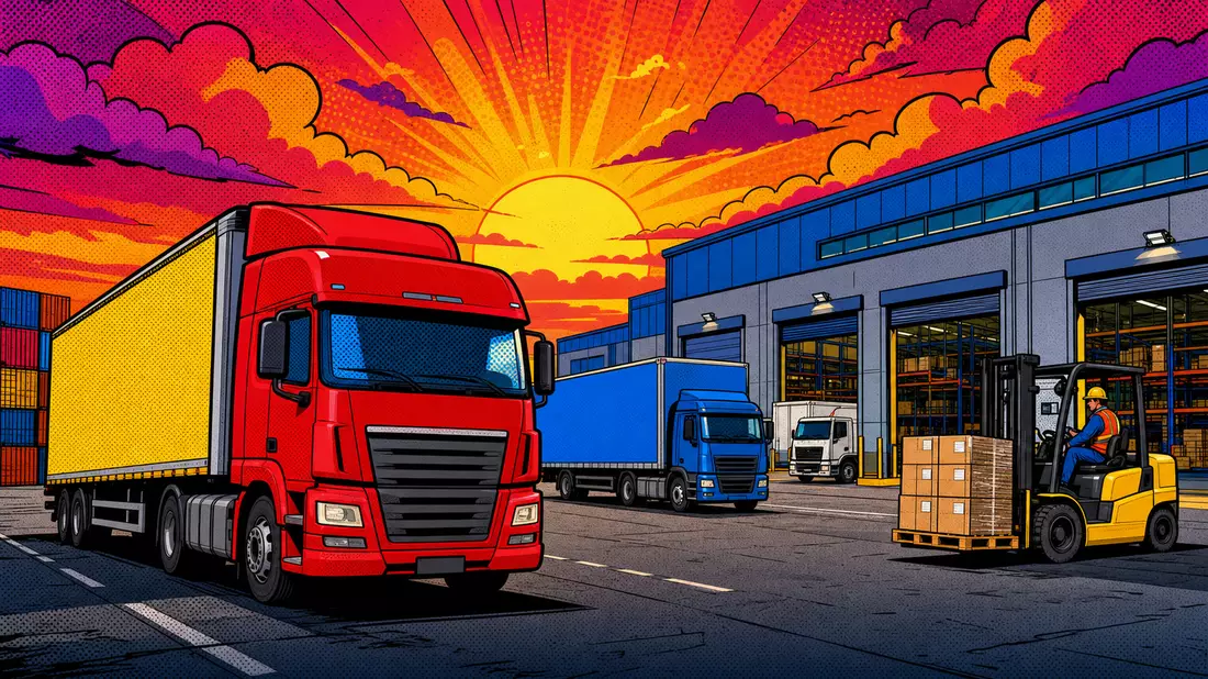 Pop-Art-Comic mit bunter Logistikszene und Lastwagen