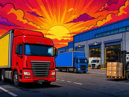 Pop-Art-Comic illustriert bunte Logistikszene mit Lastwagen für Tritax Big Box REIT plc, ISIN GB0008847096, Retro-Stil - Foto: THN