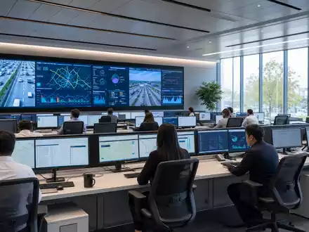 Serco Group plc GB0033055624 zeigt moderne Leitzentrale mit Monitoren für Transport- und Verkehrsdaten im Überblick - Foto: THN