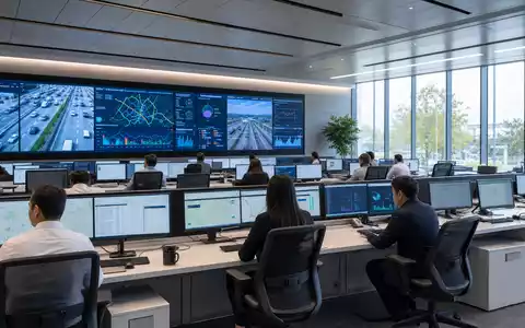 Serco Group plc GB0033055624 zeigt moderne Leitzentrale mit Monitoren für Transport- und Verkehrsdaten im Überblick - Foto: THN