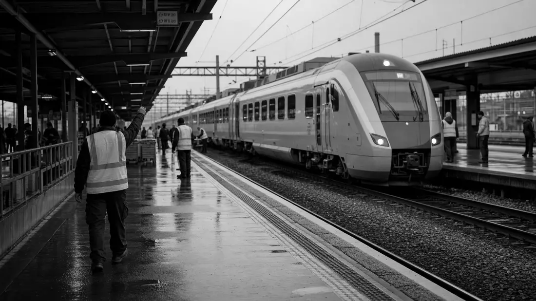 Schwarzweiß-Reportagefoto von Bahnpersonal am Bahnsteig neben einem einfahrenden Personenzug