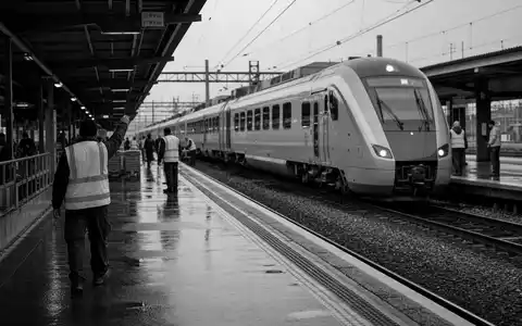 Serco Group plc GB0033055624 dokumentarisch in Schwarzweiß, Bahnpersonal koordiniert Zugverkehr auf regennassem Bahnsteig - Foto: THN