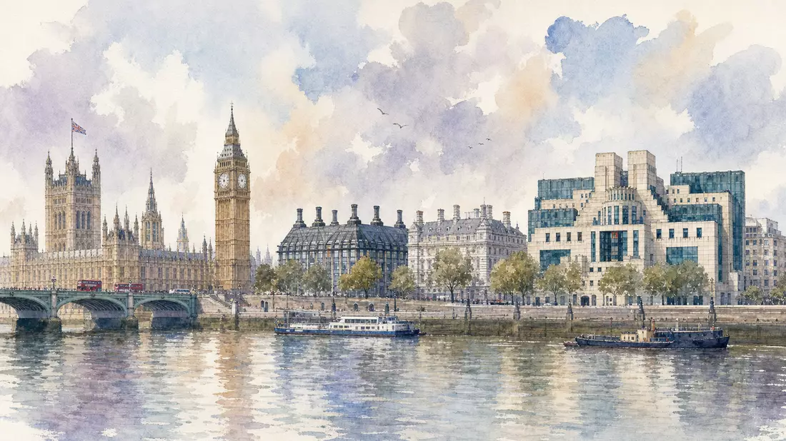 Aquarellmalerei einer britischen Stadtsilhouette mit Regierungsgebäuden am Flussufer