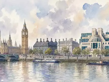 Serco Group plc GB0033055624 als Aquarell dargestellt, britische Hauptstadt-Skyline mit Regierungsgebäuden entlang des Flusses - Foto: THN