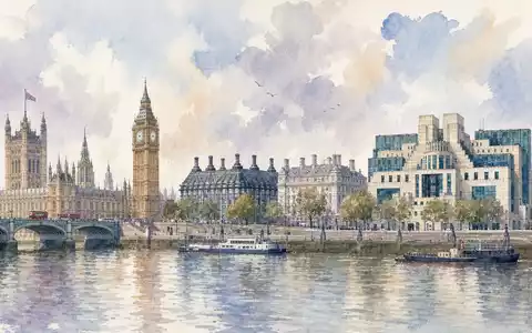 Serco Group plc GB0033055624 als Aquarell dargestellt, britische Hauptstadt-Skyline mit Regierungsgebäuden entlang des Flusses - Foto: THN