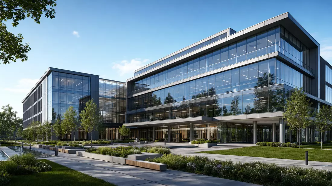 Architektur-Render eines modernen Glas-Bürogebäudes mit gepflegter Außenanlage und Plaza