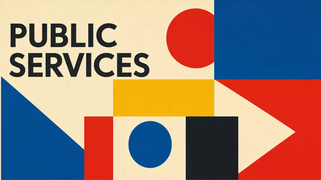 Bauhaus-Poster mit geometrischen Formen und Schriftzug PUBLIC SERVICES in Primärfarben