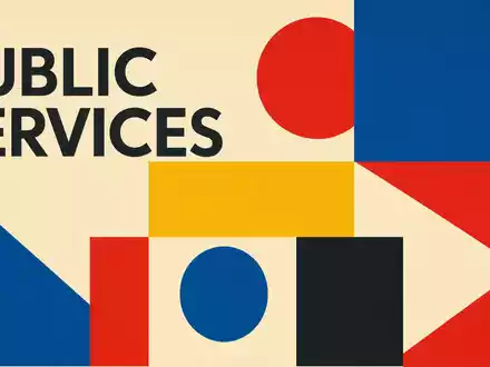 Serco Group plc GB0033055624 im Bauhaus-Stil, geometrisches Poster mit Text PUBLIC SERVICES in klaren Grundformen - Foto: THN