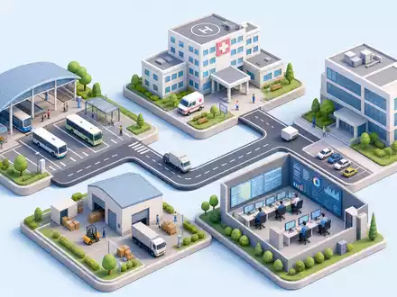 Serco Group plc GB0033055624 dargestellt als isometrisches Diagramm der Wertschöpfungskette mit Transport-, Klinik- und Leitstellen-Modulen - Foto: THN