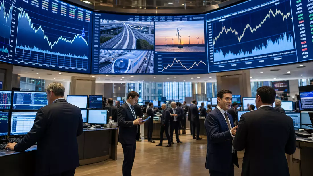 Editorialfoto eines Börsen-Handelssaals mit großen Displays für Sektor-Charts und Kursverläufe