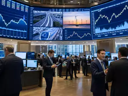 Serco Group plc GB0033055624 im Börsen-Editorial, Handelssaal mit Displays für Infrastruktur- und Transportsektor-Charts - Foto: THN