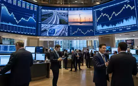 Serco Group plc GB0033055624 im Börsen-Editorial, Handelssaal mit Displays für Infrastruktur- und Transportsektor-Charts - Foto: THN