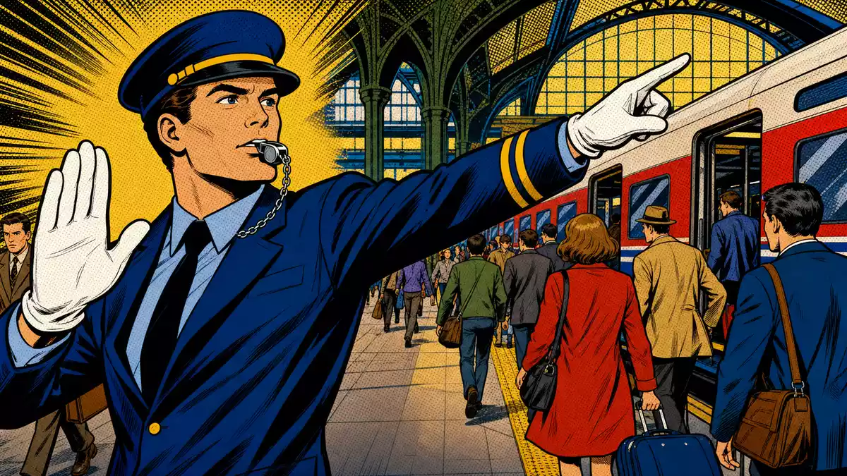 Pop-Art-Comicillustration eines Bahnbediensteten, der Passagiere an einem Bahnhof einweist