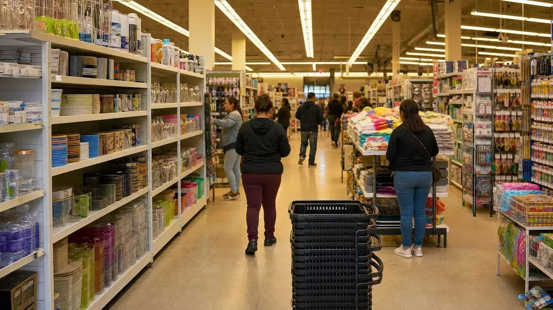 Discount-Einzelhandel Filiale mit Warenregalen, fotorealistisch, B&M European Value Retail