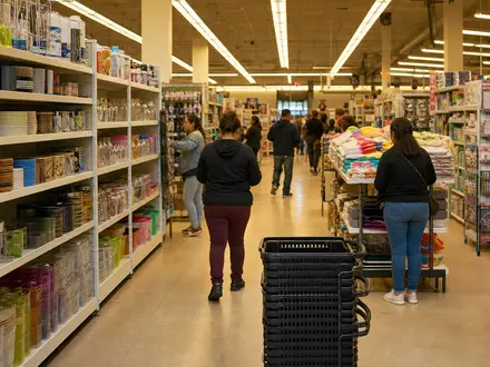 Fotorealistisches Bild zeigt B&M European Value Retail S.A. GB0001826634 als typischen Discount-Einzelhandel mit vollen Warenregalen - Foto: THN