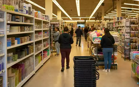 Fotorealistisches Bild zeigt B&M European Value Retail S.A. GB0001826634 als typischen Discount-Einzelhandel mit vollen Warenregalen - Foto: THN