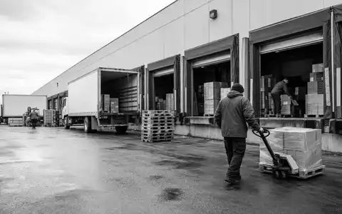 Schwarzweiß-Reportage zeigt B&M European Value Retail S.A. GB0001826634 mit Lieferverkehr am Lager eines Einzelhandelsunternehmens - Foto: THN