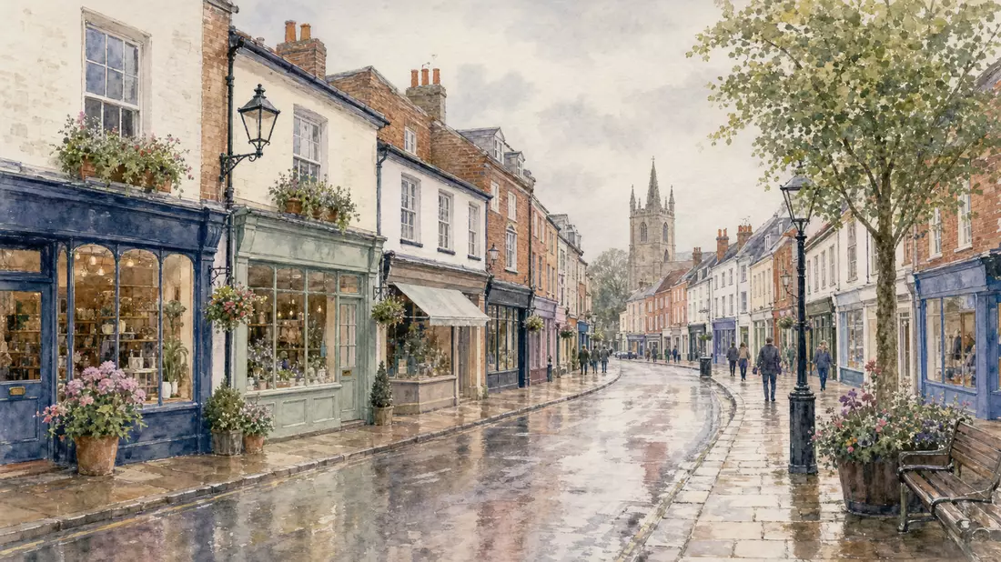 Aquarellbild einer britischen Einkaufsstraße mit Einzelhandelsgeschäften