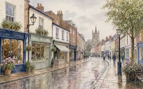 Aquarellbild zeigt B&M European Value Retail S.A. GB0001826634 als britische EinkaufsstraĂe mit kleinen EinzelhandelsgeschĂ€ften - Foto: THN