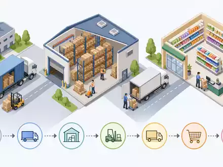 Isometrische 3D-Grafik zeigt B&M European Value Retail S.A. GB0001826634 als Wertschöpfungskette vom Lager bis Verkaufsregal - Foto: THN