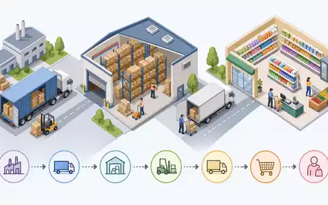 Isometrische 3D-Grafik zeigt B&M European Value Retail S.A. GB0001826634 als Wertschöpfungskette vom Lager bis Verkaufsregal - Foto: THN