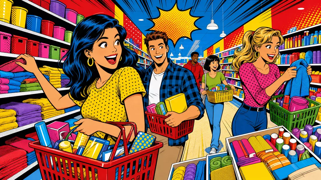 Pop-Art-Comic-Illustration von Kunden in einer Einzelhandelsfiliale