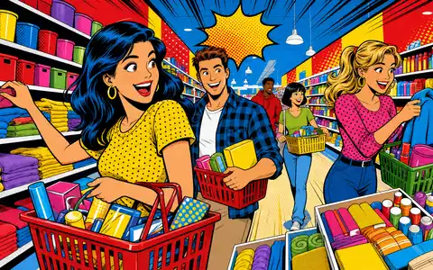 Pop-Art-Comic zeigt B&M European Value Retail S.A. GB0001826634 mit fröhlichen Kunden in einer bunten Einzelhandelsfiliale - Foto: THN