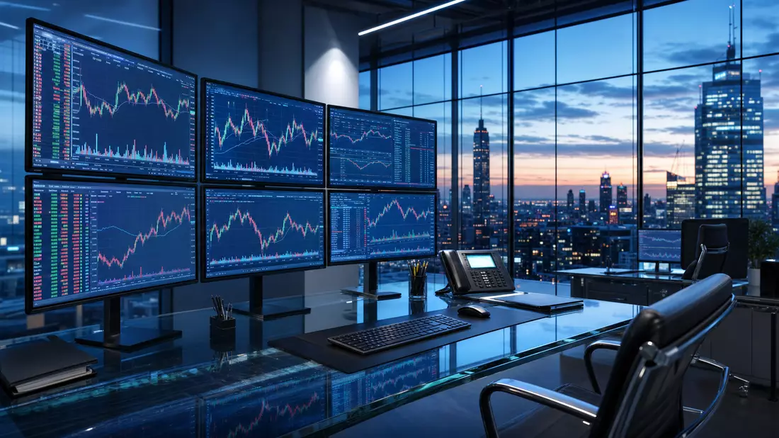 Modernes Trading-Büro mit Bildschirmen, symbolisch für IG Group Holdings plc