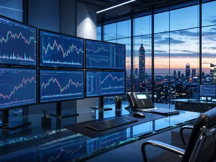 IG Group Holdings plc, ISIN GB0004726096, zeigt modernes Broker-Büro mit Handelsbildschirmen und Finanzdaten realistisch dargestellt - Foto: THN