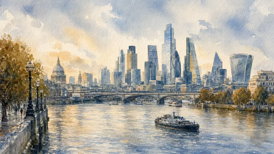 Aquarellmalerei der Londoner Skyline für IG Group Holdings plc