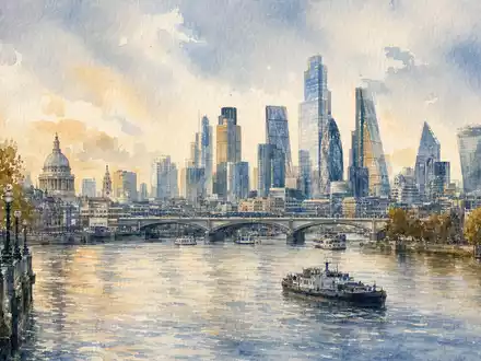IG Group Holdings plc, ISIN GB0004726096, zarte Aquarell-Illustration zeigt Londoner Skyline und Themse künstlerisch gemalt - Foto: THN