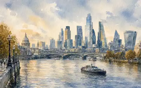 IG Group Holdings plc, ISIN GB0004726096, zarte Aquarell-Illustration zeigt Londoner Skyline und Themse künstlerisch gemalt - Foto: THN