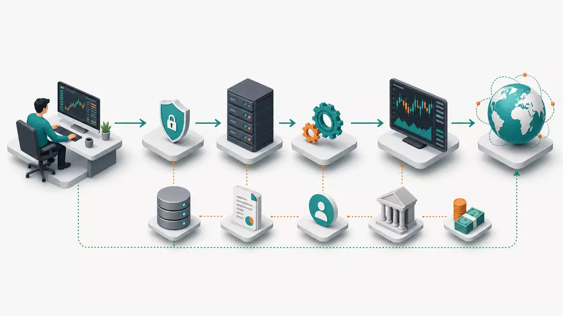 Isometrische 3D-Grafik einer Handelsprozesskette für IG Group Holdings plc