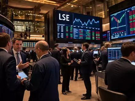 IG Group Holdings plc, ISIN GB0004726096, editorielles Foto zeigt Handelsraum der Börse mit Finanzcharts - Foto: THN