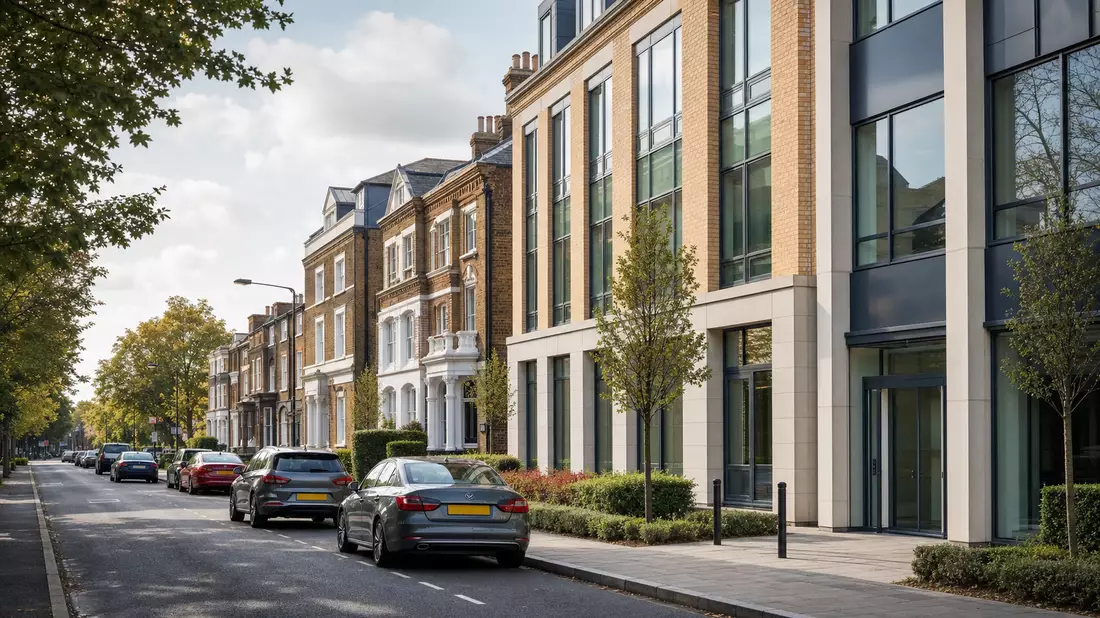 Fotorealistische britische Straßenszene mit Autos, Symbolbild Versicherung Direct Line Insurance Group