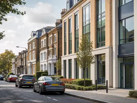 Fotorealistisches Bild zeigt britische Straßenszene mit Autos, passend zu Direct Line Insurance Group, ISIN GB00B943Y952 - Foto: THN