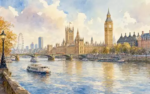Aquarellmalerei zeigt Londoner Stadtansicht, künstlerisch inspiriert von Direct Line Insurance Group, ISIN GB00B943Y952, britischer Finanzsektor - Foto: THN