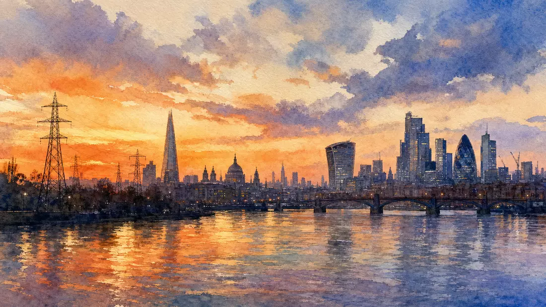 Aquarellmalerei der Londoner Skyline mit Strommasten am Themseufer bei Dämmerung
