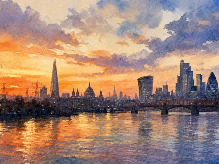 Skyline-Motiv mit Strommasten symbolisiert National Grid plc (GB00BDR05C01), britischer Versorger für Strom- und Gasnetze - Foto: THN