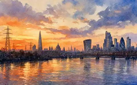 Skyline-Motiv mit Strommasten symbolisiert National Grid plc (GB00BDR05C01), britischer Versorger fĂŒr Strom- und Gasnetze - Foto: THN