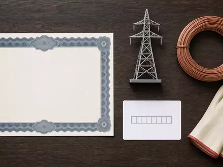 Flatlay mit Aktienzertifikat und Strommast-Modell repräsentiert National Grid plc (GB00BDR05C01) als Energienetz-Betreiber - Foto: THN