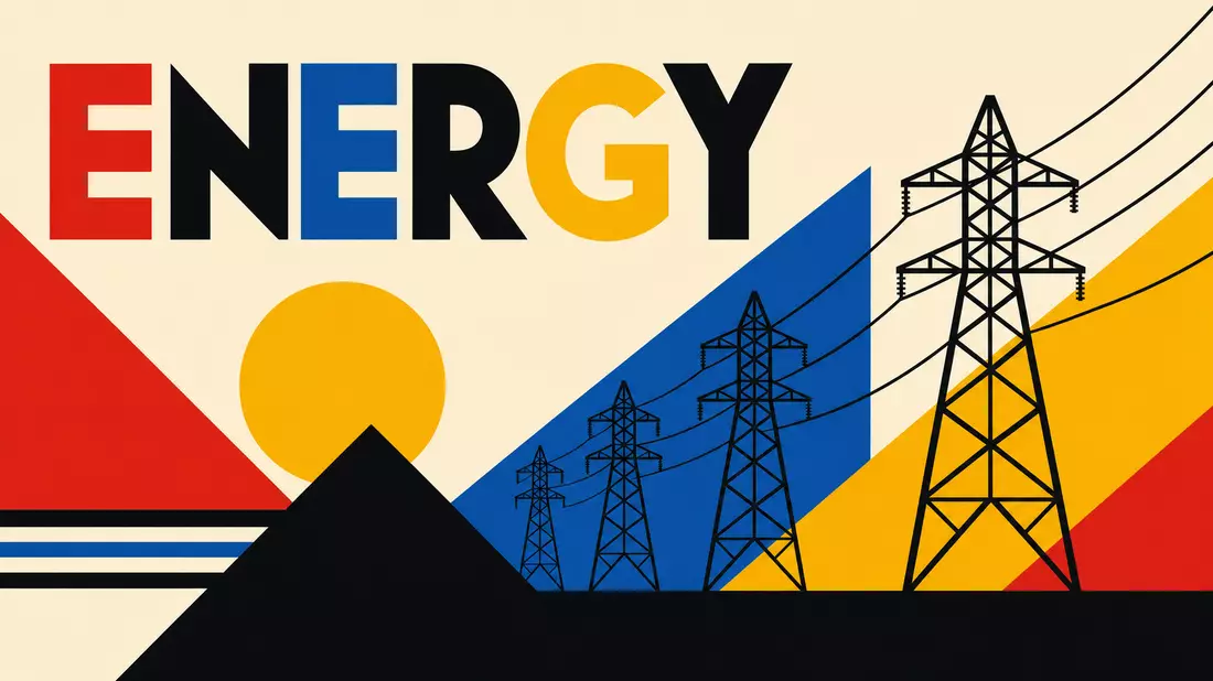 Bauhaus-Poster mit geometrischen Formen und Strommasten, Text ENERGY, Sektor