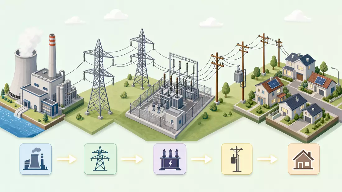 Isometrische Grafik der Stromnetz-Wertschöpfungskette vom Kraftwerk zum Haus