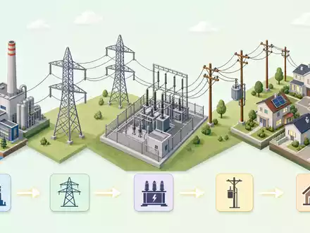 Isometrische Wertschöpfungskette zeigt Stromnetzweg von National Grid plc (GB00BDR05C01), vom Kraftwerk bis zum Haushalt - Foto: THN