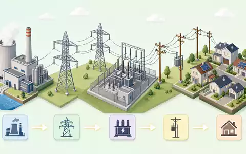 Isometrische Wertschöpfungskette zeigt Stromnetzweg von National Grid plc (GB00BDR05C01), vom Kraftwerk bis zum Haushalt - Foto: THN