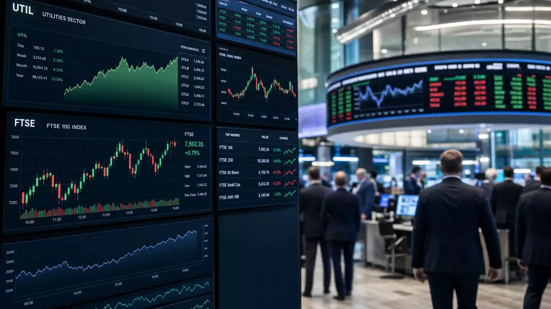 Börsen-Trading-Floor mit Charts, Utilities-Sektor und FTSE-Index-Anzeigen