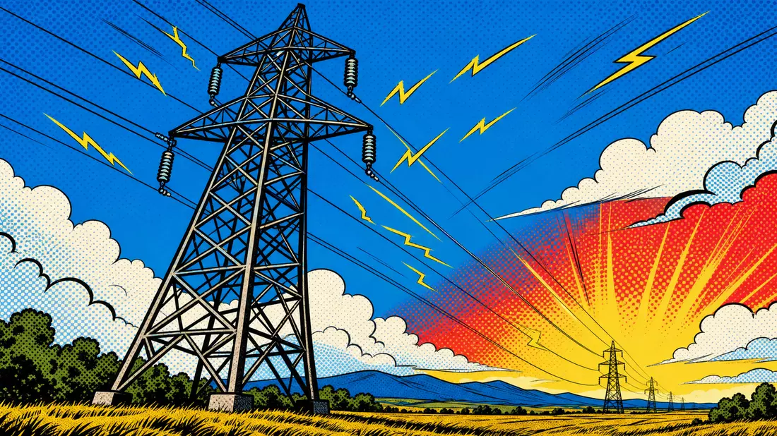Pop-Art-Comic-Illustration eines Strommasts mit Blitzen vor buntem Himmel