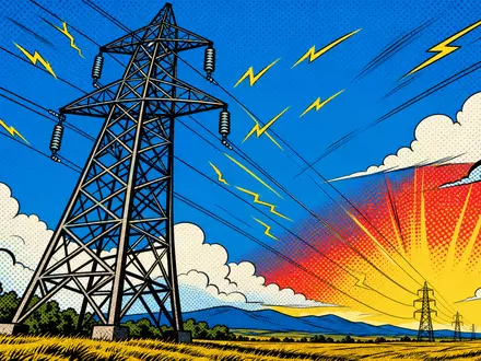 Pop-Art-Comic mit Strommast illustriert humorvoll National Grid plc (GB00BDR05C01), britischer Energienetz- und Versorgungskonzern - Foto: THN